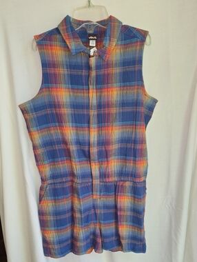 Tea Collection Blue Plaid Sleeveless Romper with Rainbow Stripes